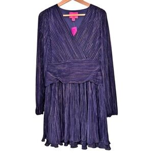 Lilly Pulitzer Jessamie Metallic Long Sleeve Dress Size 6 NWT Navy Blue Pleated